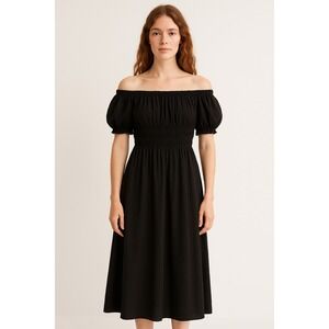 H&M Elegant Black Off-Shoulder Smocked Midi Dress‎ M Romantic Peasant Whimsigoth